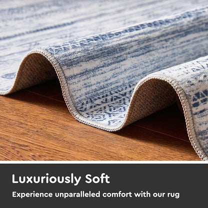2x10 Runner Rug Machine Washable Non Slip Area Rug Distressed Neutral Moroccan Boho Rug Ultra Soft Floor Runners for Hallways for Entryway Laundry Room Kitchen, Blue