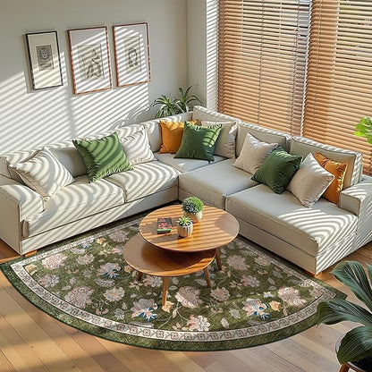 jinchan Elora Floral Corner Rug for Kitchen Washable Nursery Rug Vintage Romance Design Non Slip Quarter Circle Lightweight Low-Pile Throw Carpet for Playroom Reading Nook Office, 5ft Radius, Green