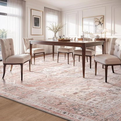 AMOAMI-Area Rug 6X9 Rugs for Living Room-Vintage Soft Pink Rugs for Bedroom-Non Slip Carpet-Machine Washable Rug for Dining Room Living Room Bedroom Office Under Table