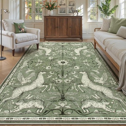 Lahome Boho Animal 6x9 Washable Living Room Area Rugs, Green Soft Rugs for Bedroom, Botanical Large Boho Non Slip Dining Room Carpet for Under Table Office Kids Playroom (6x9ft,Green)
