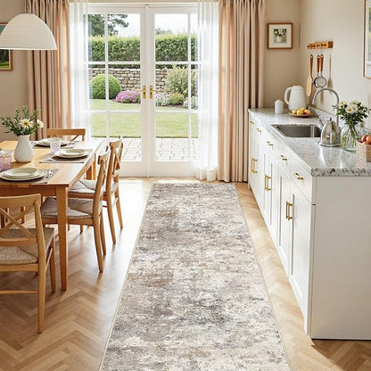 3X10 Washable Runner Rug for Hallway: Soft Neutral Modern Abstract Area Rug - Non-Slip Low Pile Long Throw Indoor Carpet for Kitchen Entryway Kitchen Bedroom Laundry- Brown Grey
