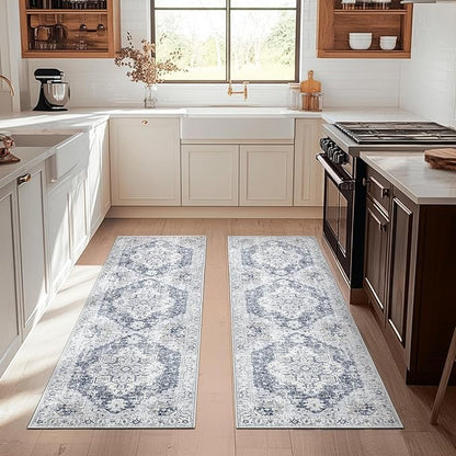 jinchan Kelda Runner Rug 2x5-2pcs Hallway Rug Kitchen Washable Runner Vintage Mat Retro Print Lightweight Non-Slip Floor Cover Distressed Thin Carpet for Entryway Bathroom Bedroom Laundry Room Grey