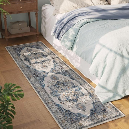Rugcomf Vintage Medallion Kitchen Runner 2'x6' - Machine Washable Rug, Non-Slip Low Pile Boho Carpet for Hallways, Laundry, Bedroom, Bathroom - Blue