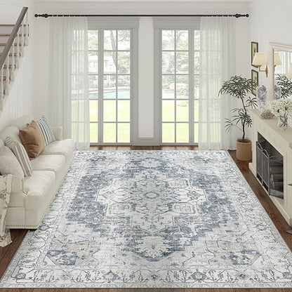 jinchan Kelda Living Room Area Rug 10x12 Washable Rug Vintage Indoor Large Floor Cover Distressed Lightweight Non-Slip Low Pile Thin Mat Stain Resistant Carpet for Bedroom Dining Room Office Grey