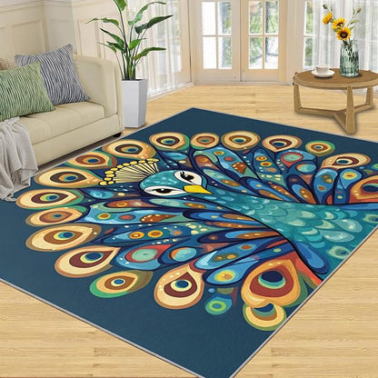 Boho Peacock Rugs for Living Room - 4x6 Rug, Peacock Decor Area Rugs for Bedroom, Teal Turquoise Rug, Modern Style Washable Carpet, Aesthetics Carpet - Peafowl Home Decor & Gifts