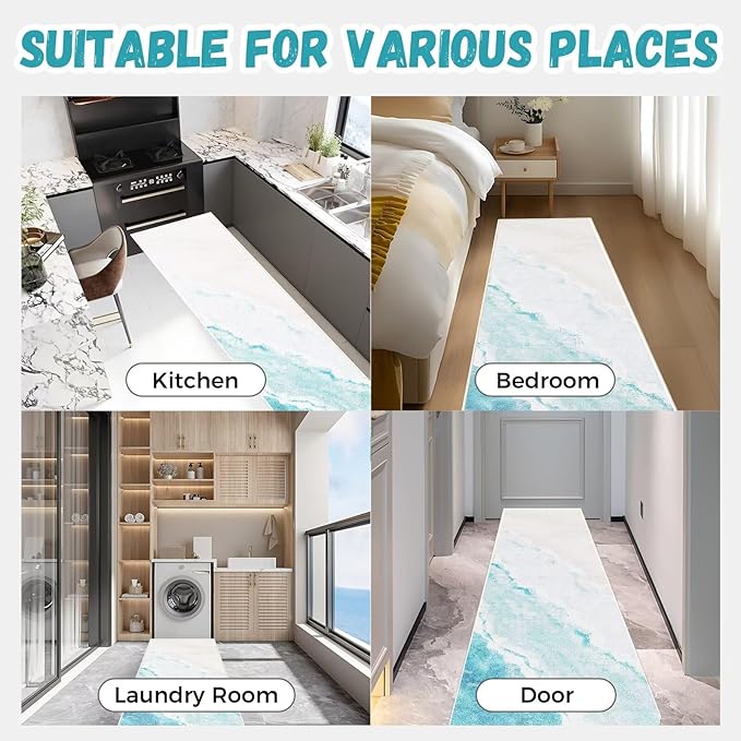Beach Pattern 2x8ft Runner Rug Non Slip Washable Kitchen Runner Rug with Rubber Backing，Low-Pile Soft Washable Runner Rugs for Hallway Entryway Kitchen Bedroom Living Room Bathroom
