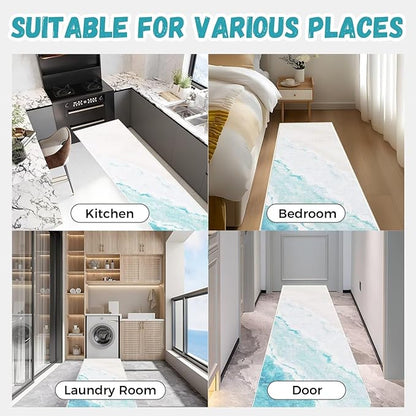 Beach Pattern 2x8ft Runner Rug Non Slip Washable Kitchen Runner Rug with Rubber Backing，Low-Pile Soft Washable Runner Rugs for Hallway Entryway Kitchen Bedroom Living Room Bathroom