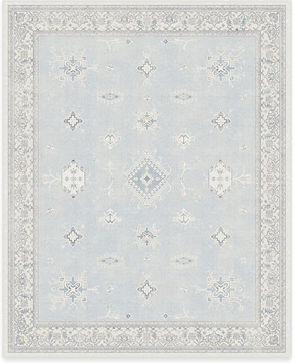 RUGGABLE Washable Vintage Area Rug – Verena Soft Blue 8x10, Stain-Resistant, Non-Slip – Large Machine Washable Rugs for Living Room, Bedroom, Hallway, Entryway & Office–with Standard Pad