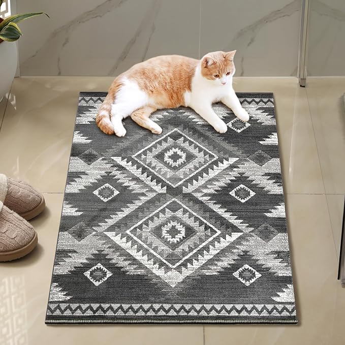 YHSF South West Native American Rug Ritz – Native Tribal American Indian Inspired Rug - Living Room, Bedroom, Hallway, Entryway & High-Traffic Area Rugs - Washable - Soft - Dark Grey, 2 Feet x 3 Feet