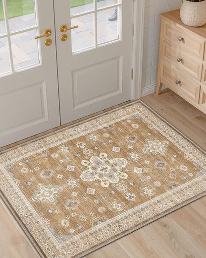 DEXI Area Rugs for Entryway 2'8"x4', Washable Low Pile Vintage Traditional Entry Rug Non Slip, Indoor Door Mat for Bedroom Kitchen Entrance Hallway, Light Brown