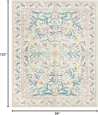 Lahome Large Rugs for Living Room, Boho Machine Washable 8x10 Area Rugs Girls Bedroom Decor, Ultra-Thin Soft Distressed Floral Carpets Non Slip for Office Dining Room, Pink/Multi