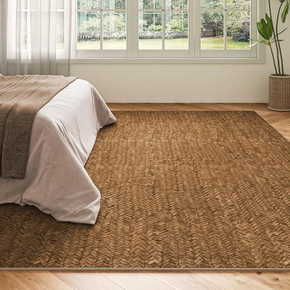Eleisa Modern Vintage 6x9 Herringbone Chevron Area Rug for Living Room, Brown, Non-Slip Stain Resistant Washable Rug, Farmhouse Home Decor Carpet for Bedroom, Kitchen, Dining Room