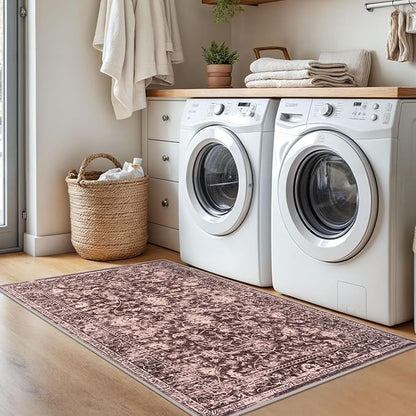 KILOCOCO Area Rug 3x5 Entryway Rug Washable Printed Vintage Floral Rubber Backed Non Slip Indoor Kitchen Rugs for Living Room Laundry Room Playroom Mudroom Moroccan Area Rugs, Red