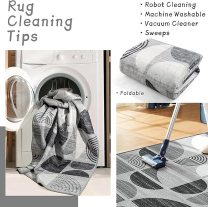 MUJOO Runner Rug Washable,2x8 Area Rugs for Hallways Kitchen Bedroom Entryway Bathroom,Non Slip Carpet Long Mat Indoor,Boho Soft Modern Abstract Black and Grey