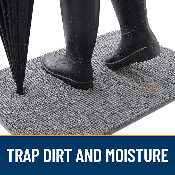 OLANLY Dog Door Mat for Muddy Paws 47x20, Absorbs Moisture and Dirt, Absorbent Non-Slip Washable Doormat, Quick Dry Chenille Mud Mat for Dogs, Entry Indoor Entryway Carpet for Inside Floor, Grey