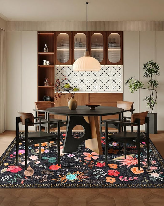 Boho Washable Area Rug 5x7 – Floral Low Pile Non-Slip Carpet for Living Room, Bedroom, Office, Playroom, Entryway, Kitchen, Dining Room (Black)