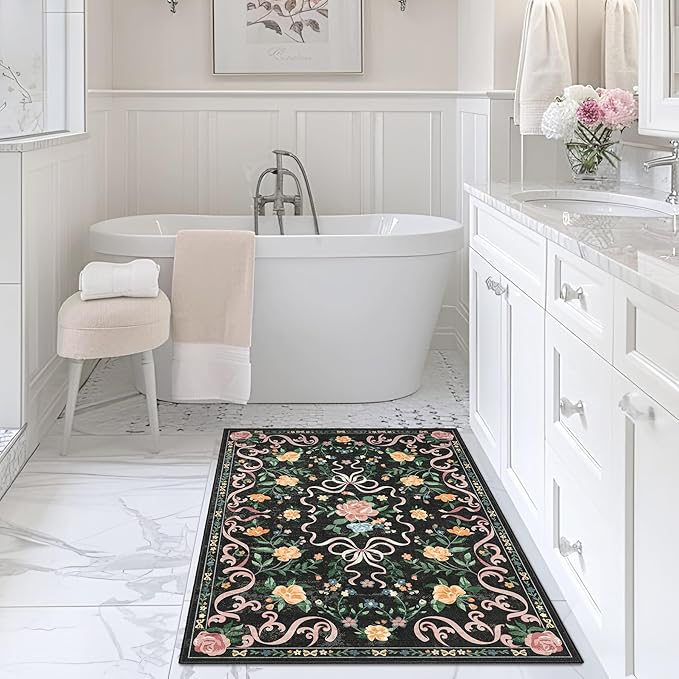 Black Rug Bow Floral Rug for Girls, 2x3 Washable Small Area Rug for for Entryway, Kitchen, Front Door Indoor Entrance, Non Slip Carpet for Bathroom Bedroom Living Room