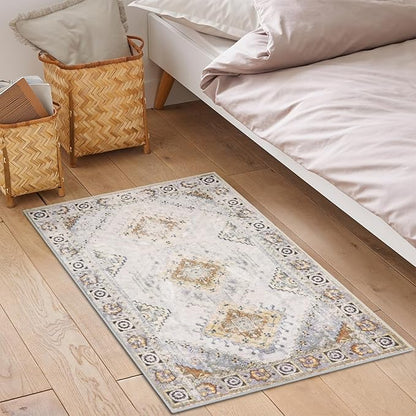 COMSLE Area Rug 2x3 Faux Wool Throw Rug for Entryway, Boho Washable Small Rugs Non-Slip Distressed Carpet Soft Accent Floor Rug for Indoor Entrance, Bedroom, Living Room, Kitchen (Khaki)