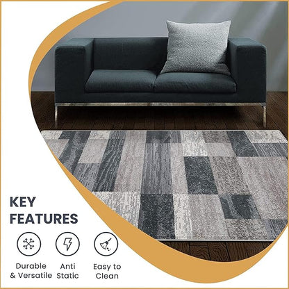 Superior Indoor Area Rug, Jute Backed, Modern Geometric Patchwork Floor Decor for Bedroom, Office, Living Room, Entryway, Hardwood Floors, Rockwood Collection, 3' x 5', Blue-Taupe