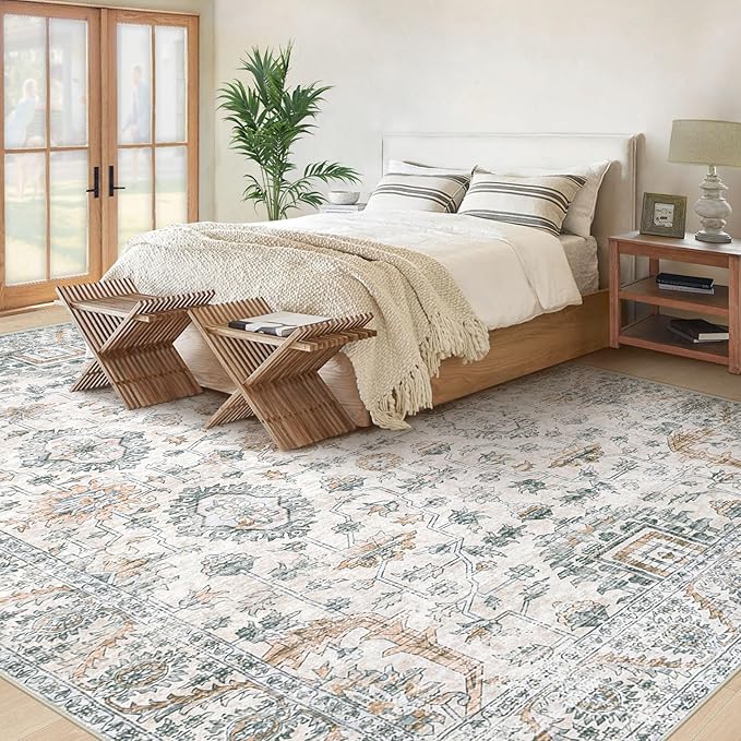 Area Rug 10x12 Living Room Rugs, Machine Washable Vintage Distressed Boho Area Rug Non-Slip Soft Low Pile Large Indoor Rugs for Bedroom Kitchen Dining Room Office(Brown Green,10'x12')
