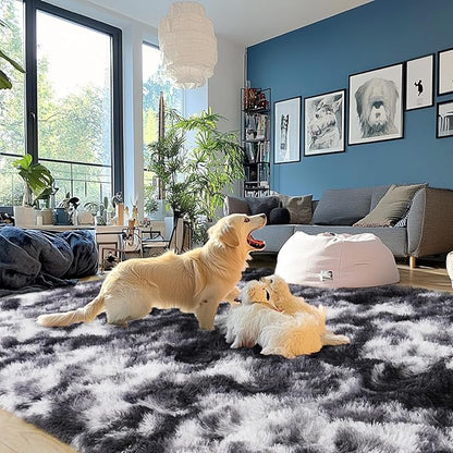 Plush Rugs for Living Room Shaggy Soft Area Rug High Pile Fuzzy Rug Non-Slip Indoor Floor Carpet Plush Area Rugs for Living Room Tie Dye Black White 9x12