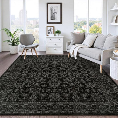 LIVEBOX Washable Area Rug 8x10 - Large Black Boho Living Room Rug Vintage Rugs for Bedroom, Non-Slip Retro Floral Carpet Print Distressed Accent Rugs for Dining Room Home Office
