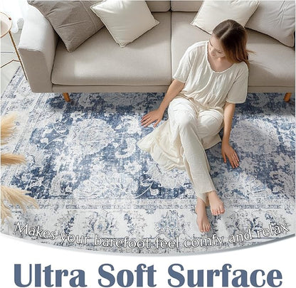 jinchan Fiora Hallway Runner Rug 3x8 Washable Runner - Vintage Floral Non Slip Low-Pile Soft Thin Faux Wool Kitchen Rug Distressed Carpet for Farmhouse Bedroom Laundry Room(3x8ft, Dark Blue)