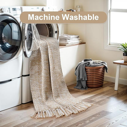 Collive Washable Carpet Runners for Hallway 12ft, Boho Long Rugs for Kitchen Cotton Hand Woven Bedroom Runner Rug Tan/Cream Low Pile Natural Floor Carpet for Indoor Hall Entryway