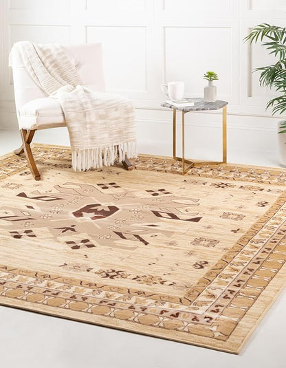 Unique Loom Taftan Collection Border Geometric Tribal Inspired Design Area Rug (8' 0 x 8' 0 Square, Ivory/ Tan)