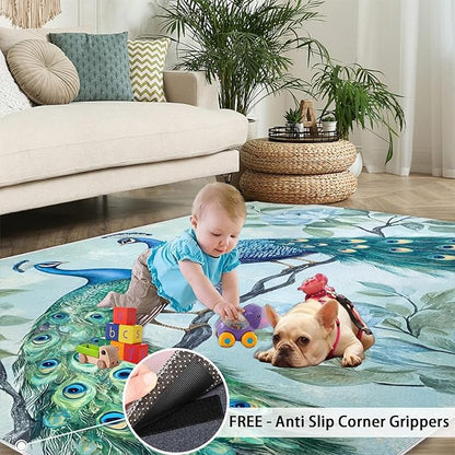 Peacock Rugs for Living Room - 3x4 Rug, Classic Peacock Floral Area Rugs for Bedroom, Teal Turquoise Rug, Modern Style Washable Carpet, Aesthetics Carpet - Peafowl Home Decor & Gifts