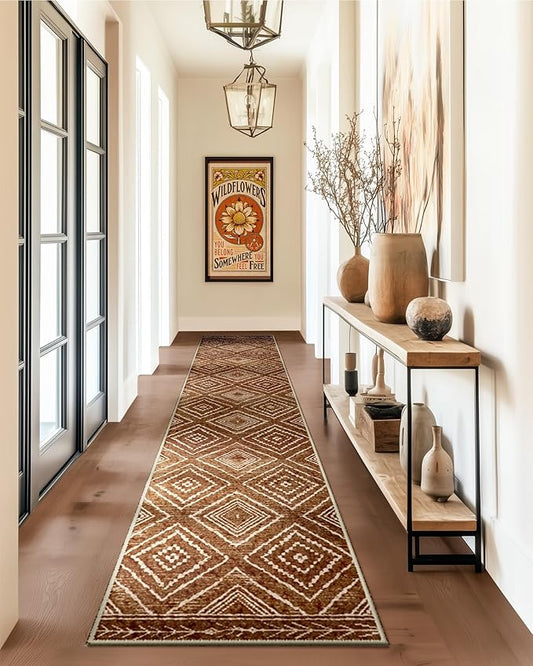 Area Rug 2x10 Rug Machine Washable Non-Slip Low Pile Print Pattern Western Rug for Living Room Bedroom Entryway Tribal Series -Yellowbrown/Cream