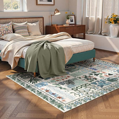 Floral Boho 5x7 Area Rugs for Bedroom Living Room, Botanical Soft Dining Room Rug, Large Non Slip Stain Resistant Indoor Throw Carpet for Entryway Kitchen Office Playroom (Beige,5 x 7)