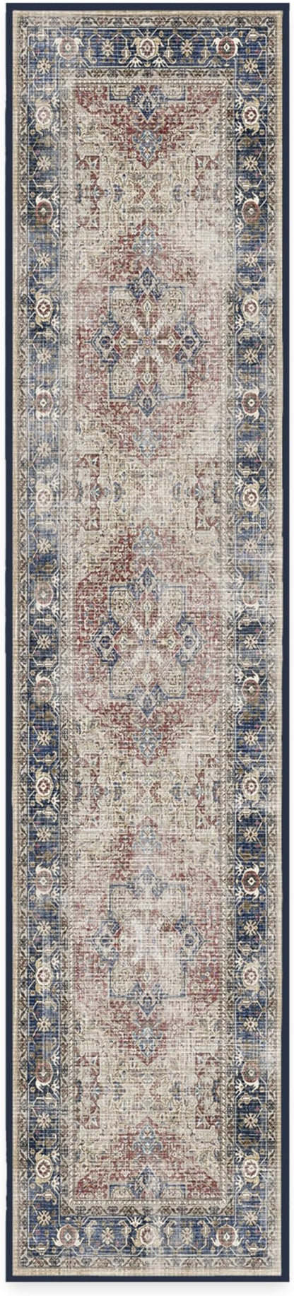 RUGGABLE Washable Vintage Runner Rug – Kamran Royal Blue 2.5x12, Stain-Resistant, Non-Slip Hallway Runner – Machine Washable Rug for Hallway, Entryway, Living Room & Kitchen–with Standard Pad