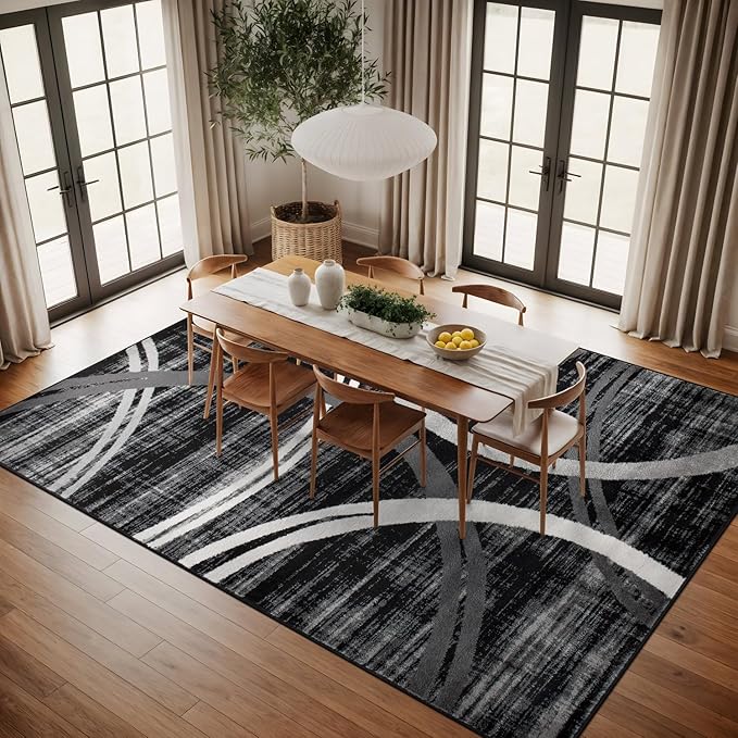 Rugshop Modern Wavy Circles Design Area Rug, Non-Shedding Carpet for Living Room, Large Bedroom, or Dining Room,Grand Room,Open Spaces Black, 8'8" x 12'