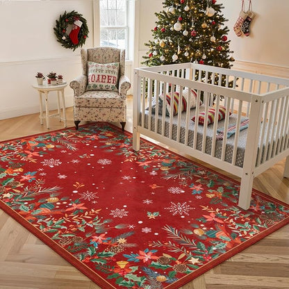 Wonnitar Christmas 5x7 Area Rugs, Red Floral Rugs for Living Room, Non-Slip Soft Bedroom Rug, Washable Low Pile Snowflake Holiday Decor Rugs Carpet for Dining Room Bedside(Christmas Red,5'x7')