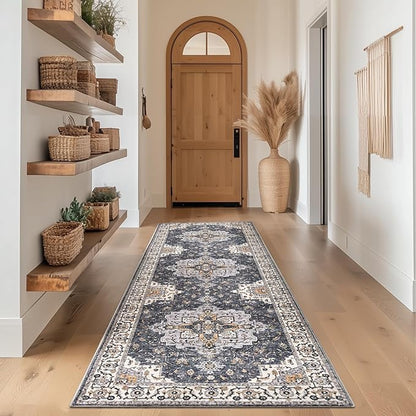 jinchan Runner Rug 3x10 Vintage Hallway Runner Boho Washable Rug Floral Medallion Retro Non Slip Classic Thin Soft Carpet for Kitchen Bedroom Bathroom Laundry Room Doorway Grey