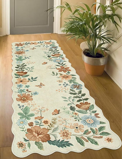 Lahome Floral Kitchen Runner Rug, 2X6 Rug Runners for Hallways Non Slip Ultra-Thin Soft, Non Slip Washable Runner Low-Pile Stain Resistant Boho Carpet for Bathroom Bedroom(2x6ft,Beige)