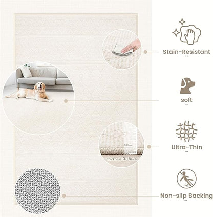 6x9 Area Rug Living Room: Washable Boho Geometric Moroccan Rug Neutral Modern Farmhouse Indoor Soft Non Slip Ultra Thin Printed Pattern Carpet for Dining Room Bedroom Nursery Home (Beige, 6'x9')