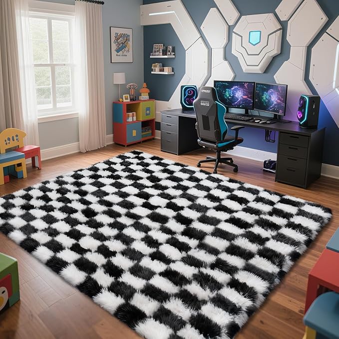Checkered Rug for Living Room, 9x12 Black and White Area Rugs, Classic Checkered Carpets Shaggy Area Rug, Bedside Rugs for Living Room Bedroom Kids Room Home Decor