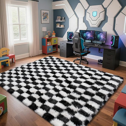 Checkered Rug for Living Room, 9x12 Black and White Area Rugs, Classic Checkered Carpets Shaggy Area Rug, Bedside Rugs for Living Room Bedroom Kids Room Home Decor