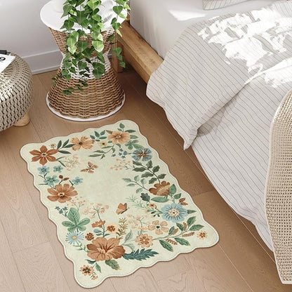 Lahome Floral Small Rug, 2X3 Kitchen Rugs Non Slip Washable Rug Ultra-Thin, Soft Front Door Mat Indoor Entrance Stain Resistant Boho Low-Pile Entry Carpet for Bathroom Bedroom(2x3ft,Beige)