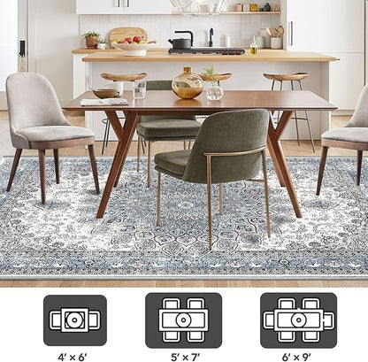 4’x6’ Area Rugs for Living Room Non Slip Washable Low Pile Area Rugs for Bedroom Dining Foldable Vintage Carpets Blue