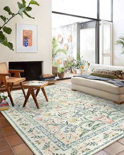 Wonnitar Boho Washable Rug 8x10, Large Area Rug for Living Room, Soft Floral Carpet for Bedroom Non Slip, 8 x 10 Indoor Beige Carpets for Nursery Dining Room Apartment Office Decor