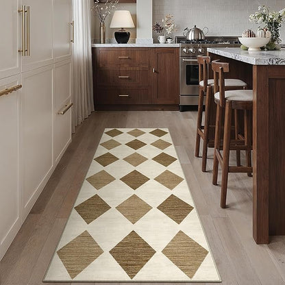 2x6 Runner Checkered Rug for Hallways Brown Washable Long Carpet Non-Slip Low Pile Boho Indoor Accent Throw Rug for Entrance Kitchen Bedroom Dining Laundry