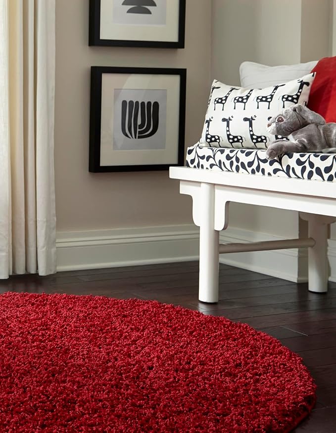 Unique Loom Solid Shag Collection Area Rug (6' 1" Round, Cherry Red)