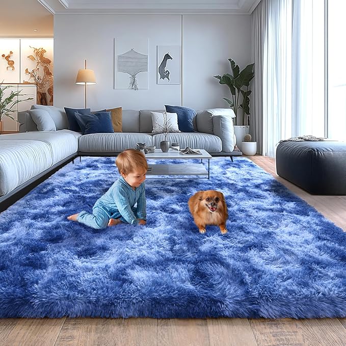 Shaggy Area Rugs for Living Room, Soft Shaggy Carpets for Living Room, Upgrade Anti-Skid Fuzzy Rugs for Kids' Room, Perfect Decor for Modern Home Tie Dye Blue 8x10 Feet