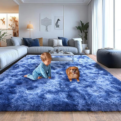 Shaggy Area Rugs for Living Room, Soft Shaggy Carpets for Living Room, Upgrade Anti-Skid Fuzzy Rugs for Kids' Room, Perfect Decor for Modern Home Tie Dye Blue 8x10 Feet
