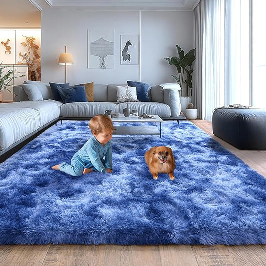 Extra Large 9x12 Feet Fuzzy Rug Fluffy Rug for Living Room, Big Plush Non-Skid Shag Carpet, Soft Shaggy Purple Gray Rugs for Bedroom Indoor Modern Home Decor Tie Dye Blue