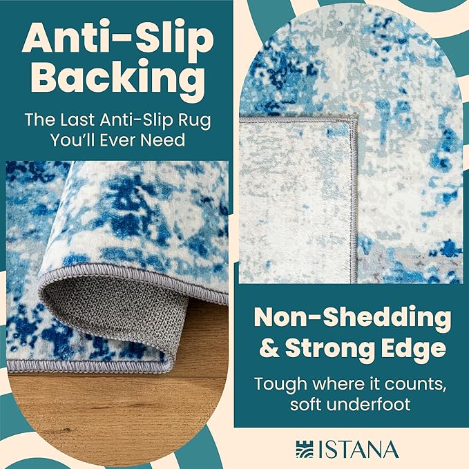 Istana Hallway Runner Rug 2.5x8 - Blue/Ivory Kitchen Rugs Non Slip Washable -Silk's Soft Touch Carpet Runner - Stylish Rugs for Home