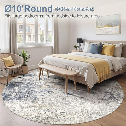 10ft Round Area Rug Living Room Rugs - 10x10 Washable Circle Rug Large Soft Indoor Neutral Modern Abstract Low Pile Carpet for Bedroom Dining Room Farmhouse Home Office - Beige Blue